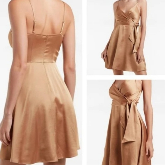 Express Mocha Satiny Slip Dress w Faux Wrap Front Spaghetti Straps Fit & Flare - Picture 11 of 12